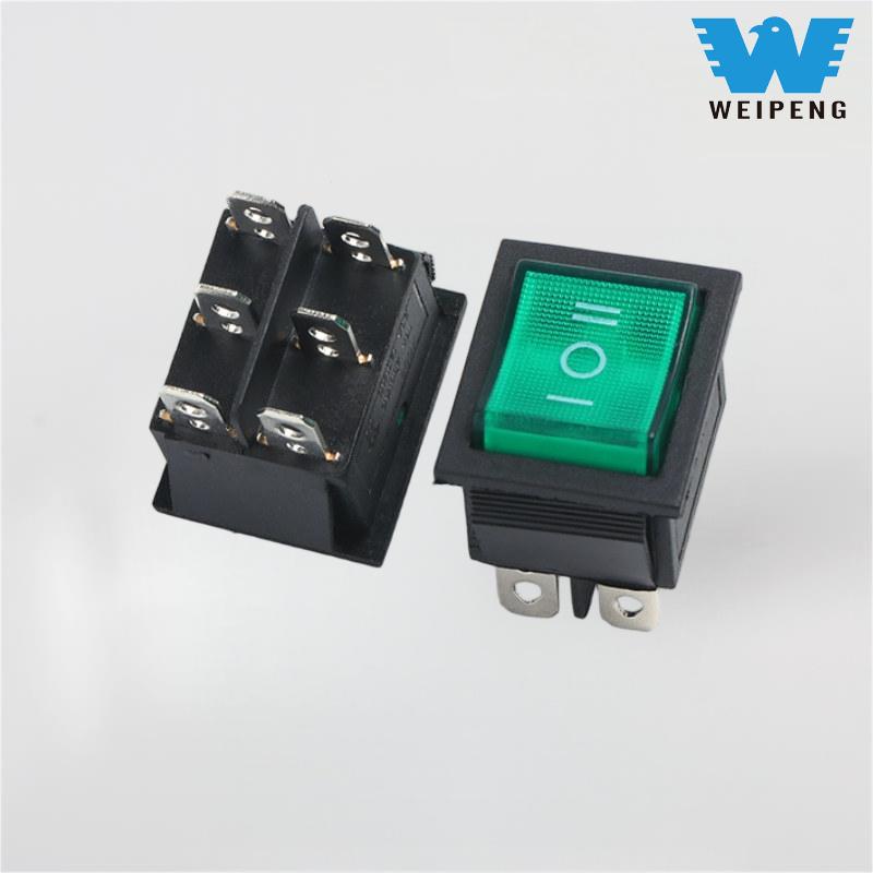KCD4 Green Lighted 3-Position 6-pin 16A Rocker Switch